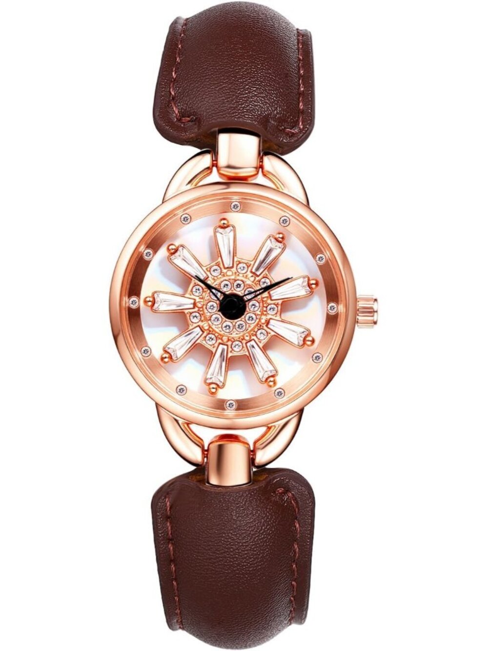 Women's Rose Gold Rotating Crystal Brown Leather Band Bracelet Wrist Watch